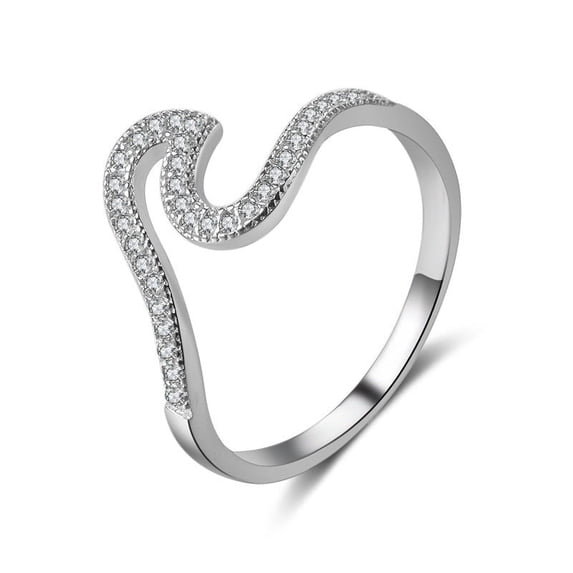 Women's Silver Ring with Platinum Plated Finish and Micro Inlaid Zircon Stones Wave Design Ring for Her Elegant Jewelry Gift