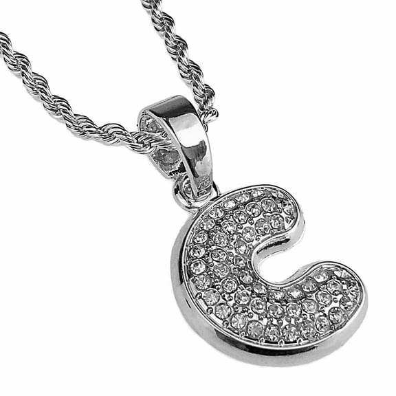 Micro Letter C Necklace 24" Block Initial Bling Pendant Silver Tone Monogram Name Rope Chain