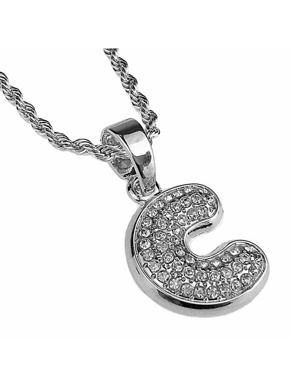 Micro Letter C Necklace 24" Block Initial Bling Pendant Silver Tone Monogram Name Rope Chain