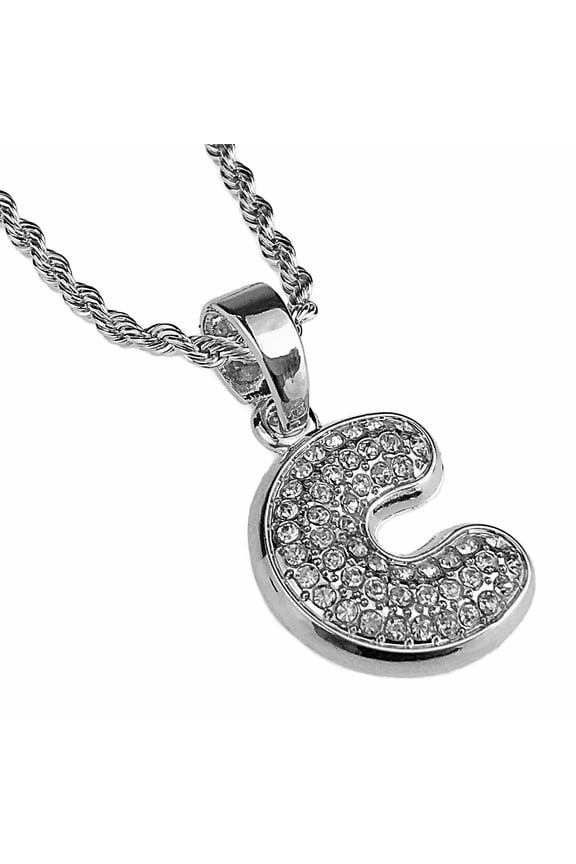 Micro Letter C Necklace 24" Block Initial Bling Pendant Silver Tone Monogram Name Rope Chain