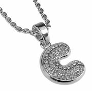 Micro Letter C Necklace 24" Block Initial Bling Pendant Silver Tone Monogram Name Rope Chain
