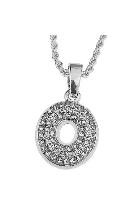 Micro Letter O Rope Chain Iced Initial Letter Pendant Necklace 24" Inch Silver Tone