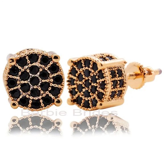 Micro Pave 18K Gold Plated Black Cubic Zirconia Men Women Cluster Stud Earrings