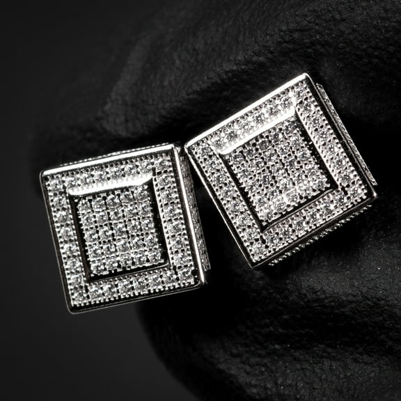 Micro Pave 3D Iced 5A Cz Halo Square White Gold 925 Sterling Silver Hypoallergenic Men's Hip Hop Screw Back Post Stud Earrings For Men Women