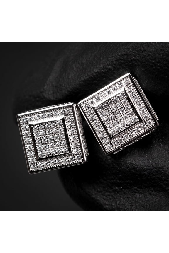 Mens Micro Pave 3D Iced 5A Cz Halo Square White Gold 925 Sterling Silver Screw Back Post Hip Hop Stud Earrings