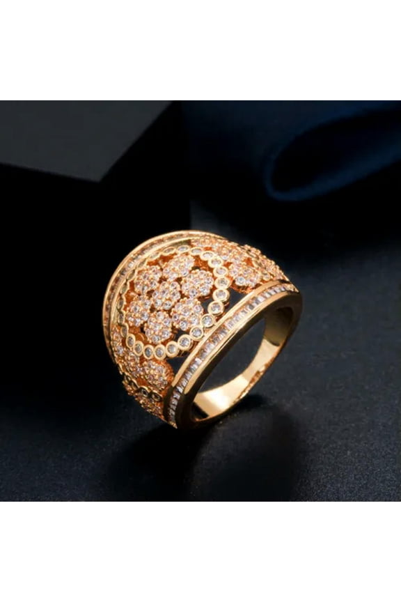 Micro Pave African CZ Flower Dubai Gold Big Engagement Wedding Rings