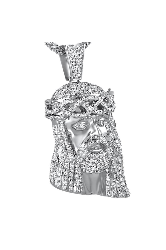 Micro Pave CZ Rhodium Jesus Piece Pendant