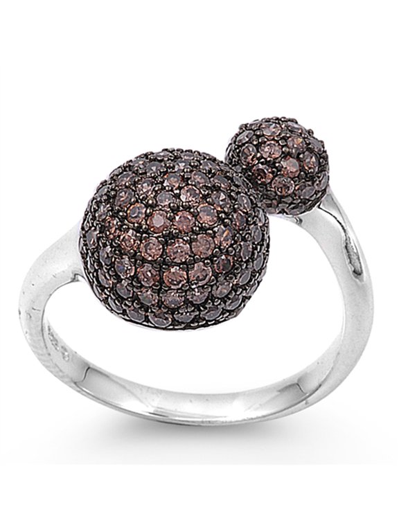 Micro Pave Champagne Simulated CZ Double Round Ball Ring ( Sizes 6 7 8 9 ) Sterling Silver Band Rings (Size 9)