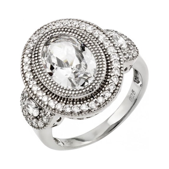 Micro Pave Set Cubic Zirconia Antique Oval Ring Rhodium Plated Sterling Silver Size 8