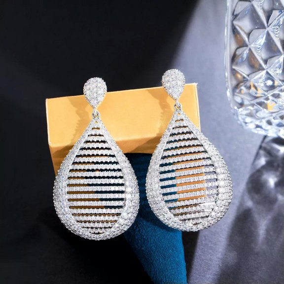 Micro Pave Silver Plated Cubic Zircon Long Water Dangle Drop Earrings Jewellery