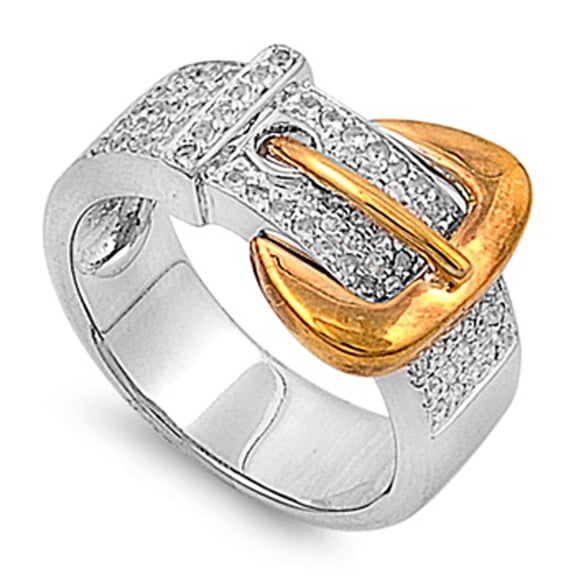 Micro Pave White CZ Gold-Tone Belt Buckle Ring Sterling Silver Band 925 Jewelry Female Size 5