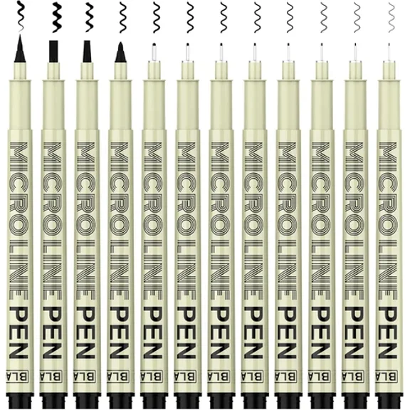 Micro-Pen Fineliner Ink Pens, 12 Pack Black Micro Fine Point Drawing Pens Waterp