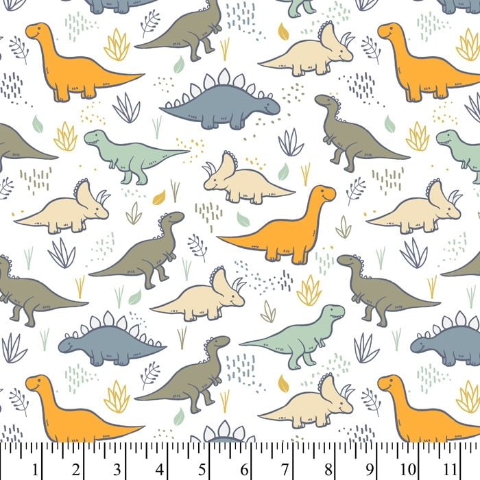 Micro Plush Dino Land Print David Textiles Baby Dinosaurs Animals Kids Children's White Butter Soft Mink-Like Feel Midweight Digital Fabric Print by the Yard (DT-6277-MF-1WHITE/SLATE/MINT)