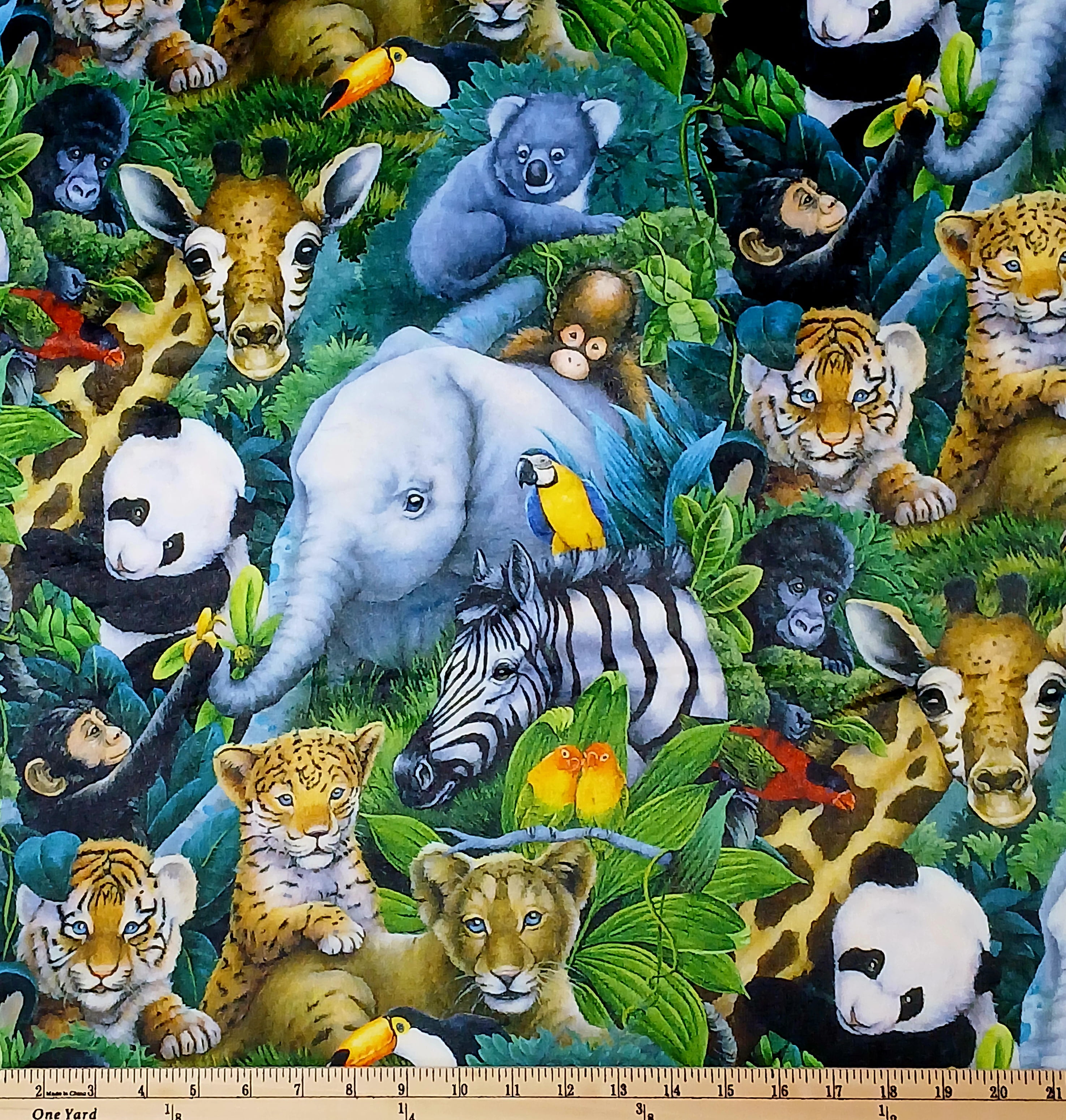 Micro Plush A Rare Occasion Officially Licensed through David Textiles Cute Baby Jungle Animals Kids Children's Minky Plush Fabric Print by the yard (AL-2016-MF-1MULTI)