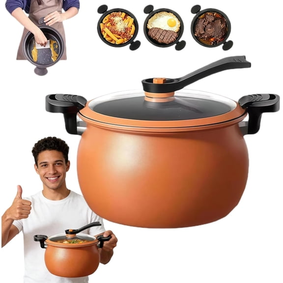 Micro Pressure Cooker Pot, Multifunctional Large Capacity Non-Stick Pressure Cooker, Low Pressures Pot, Anti-Scalding Handle Fast Cooking Pots for All Stovetops (Orange)