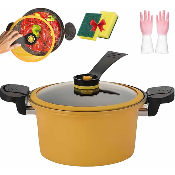 Micro Pressure Crock Pot, Multi Functional Large Capacity Non Stick Pressure Cooker, 2026 New Kitchen Vacuum Micro Pressure Stock Pot with Visual Lid & Twist Lock Handles for Gas, Induction (Yellow)