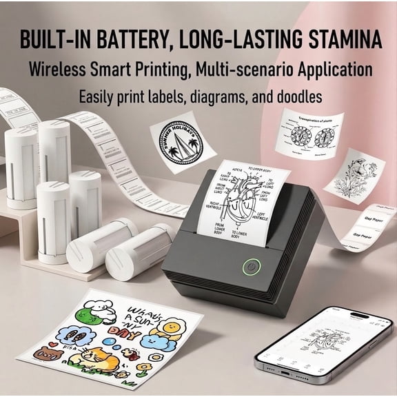 Micro Printer, Pocket Printer, Inkless Sticker Thermal Printer With 6 Roll Of Thermal Paper,Wireless Portable Receipt Printer, Suitable For Photos, Diaries, Notes, And Memos