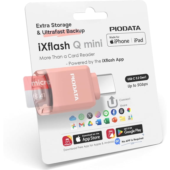 Micro SD Card Reader for iPhone 17/16/15, iPad, Android, Mac, PC, Laptop, USB C Memory Card Reader Adapter, Auto Photo Backup, MFi Photo Stick Phone Drive iXflash Q mini w/Free App Pink