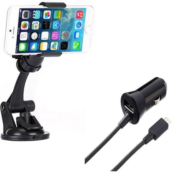Micro-USB 1.8A Charger w Windshield Dash Car Mount for Samsung Galaxy Grand Prime Express Prime, J7 Perx, S7 Edge S6 Edge+ Edge Active S5 Active, Note 5 4 3 Mega 2, J5 J3 Emerge, Halo Amp 2