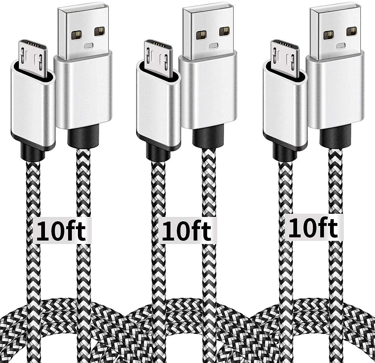 UISHUSO 10" Male USB-A to Male Micro USB Cable, Black & White 3 Count