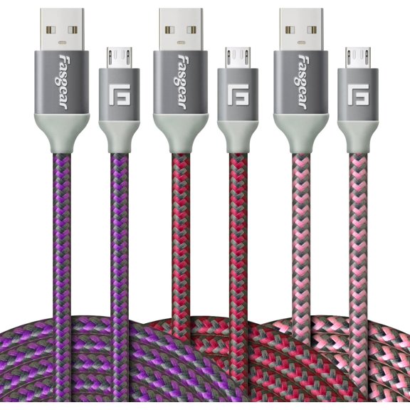 Micro USB Cable 10ft,Fasgear 3 Pack Fast Charging Android Charger USB 2.0 High Speed Data Transfer Nylon Braided Compatible for Galaxy S6,Motorola Nexus 6,Micro USB Devices,Webcam,3m(Purple,Pink,Rose)