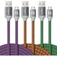 thumbnail image 1 of Micro USB Cable 10ft,Fasgear 3 Pack Fast Charging Android Charger USB 2.0 High Speed Data Transfer Nylon Braided Compatible for SamSung Tab,LG Nexus5,MP3 Players,Micro USB Devices(Purple,Orange,Green), 1 of 8