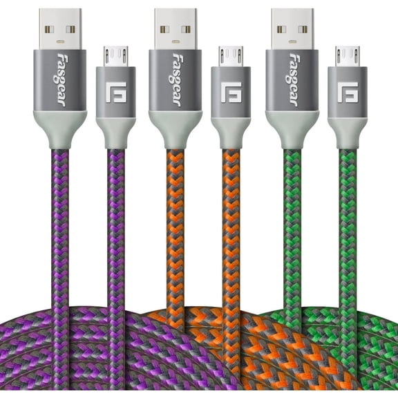 Micro USB Cable 10ft,Fasgear 3 Pack Fast Charging Android Charger USB 2.0 High Speed Data Transfer Nylon Braided Compatible for SamSung Tab,LG Nexus5,MP3 Players,Micro USB Devices(Purple,Orange,Green)