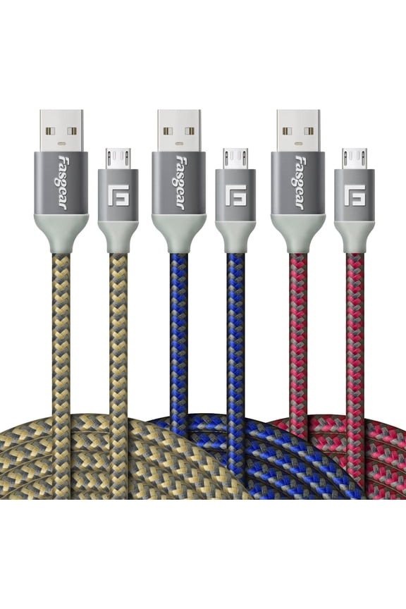 Micro USB Cable 10ft,Fasgear 3 Pack Fast Charging Android Charger USB 2.0 High Speed Data Transfer Nylon Braided Compatible for Galaxy S7, PS4, Speaker, Micro USB Devices,3m(Blue,Gold,Rose)