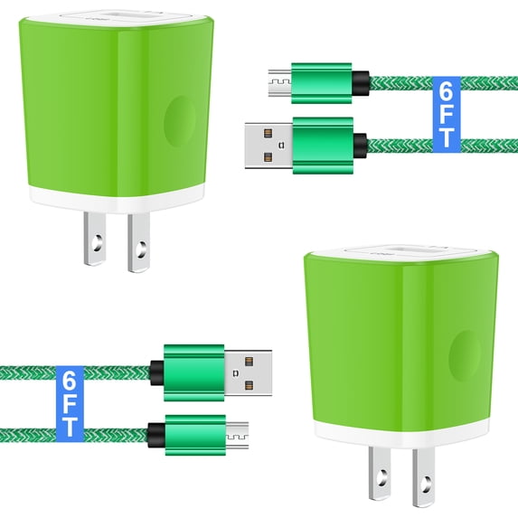 Micro USB Cable, 2 Pack Charger Block with 6FT USB A to Micro Charging Cable, USB Wall Charger Phone Charger Charger Station Power Base with USB Micro Cable Compatible for Samsung Android, Green