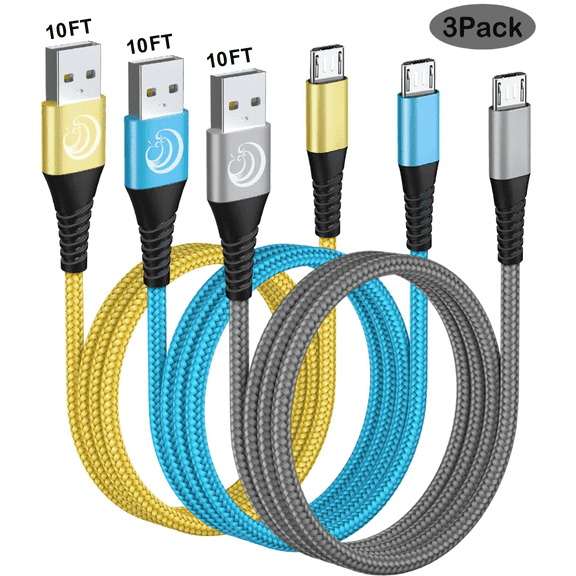 Micro USB Cable, 3Pack 10FT Android Charger Cable Long Braided Fast Charging Cable Compatible with Samsung Galaxy S7 S6 S5