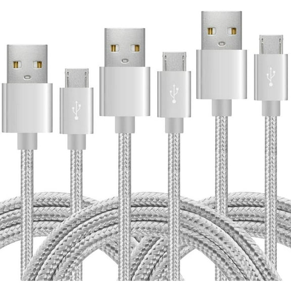 Micro USB Cable - 3Pack 3FT/6FT/10FT(1M/2M/3M) Nylon Braided Micro Charging Cables USB Charger Cord, Compatible with Samsung, LG, Motorola, Nexus, HTC, Sony, Nokia, Android Devices and More (Silver)