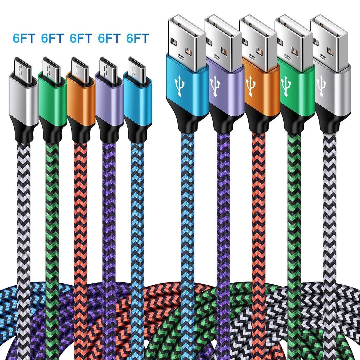Micro USB Cable 6ft 5pack,USB A to Micro USB Cable Nylon Phone Micro USB Charging Cable USB Charger Cable Android Charging Cable Cords USB to USB Micro Cable 6ft,White+Blue+Purple+Orange+Green