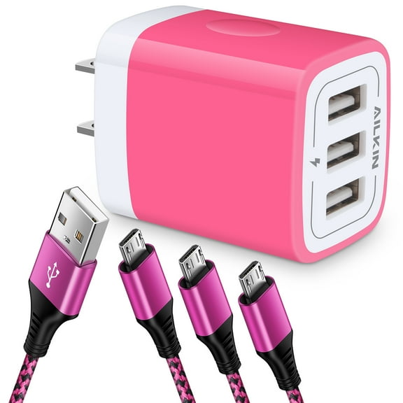 Micro USB Cable 6ft,Ailkin 3PACK USB Micro Cable with 3.1A USB Wall Charger,USB Charger Adapter,High Speed Fast Charging Android Charging Cable Usb Micro Cable with Fast Charger Block