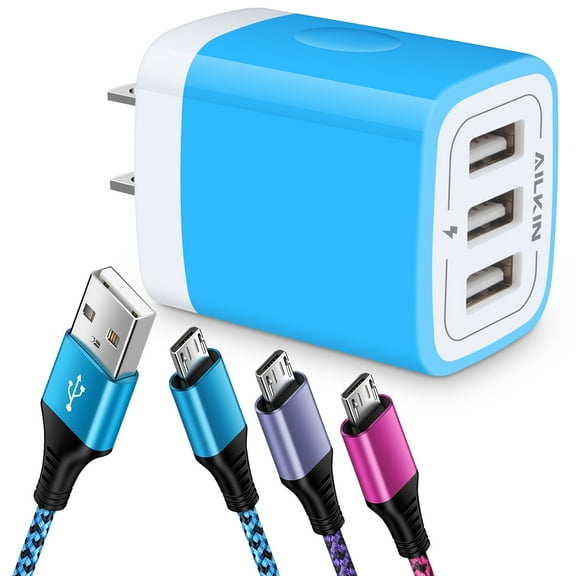 Micro USB Cable 6ft,Ailkin 3PACK USB Micro Cable with 3.1A USB Wall Charger,USB Charger Adapter,High Speed Fast Charging Android Charging Cable Usb Micro Cable with Fast Charger Block
