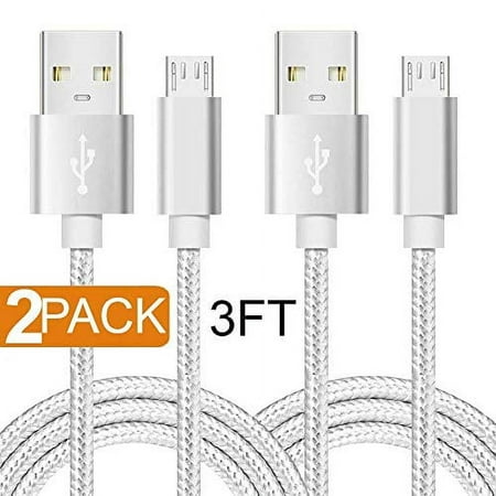 Micro USB Cable Android Charger, Durable Nylon-Braided Fast Sync&Charging Cord for Samsung, Kindle, HTC, Nexus, LG, Xbox, PS4, Smartphones & More - Silver (2-Pack 3FT)