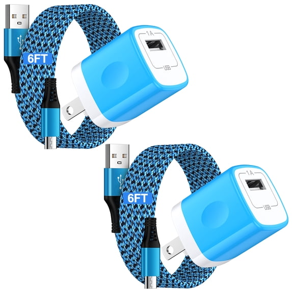 Micro USB Charger Block, 2 Pack Wall Charger with 6FT USB A to Micro Cable, USB Charger Brick Cube Android Phone Charger with High Speed Micro Charging Cable Compatible for Samsung Android, Blue