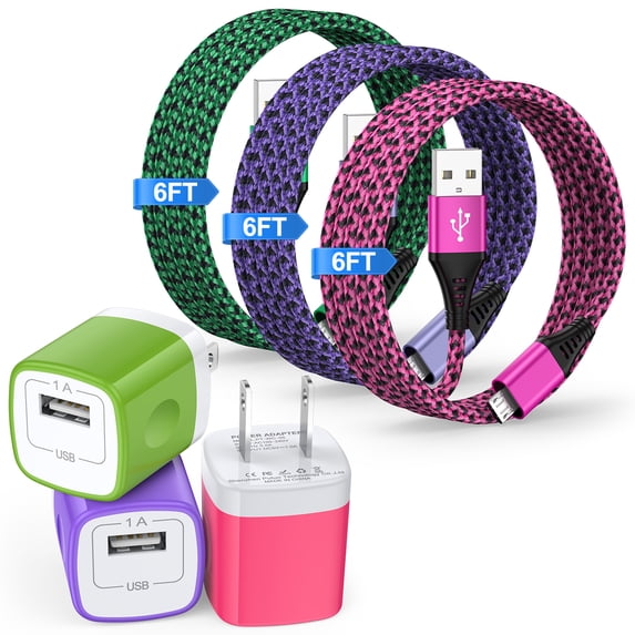 Micro USB Charger Block, 3 Pack Wall Charger with 6FT USB A to Micro Cable, USB Charger Brick Cube Android Phone Charger with High Speed Micro Charging Cable Compatible for Samsung Android, Mixed A
