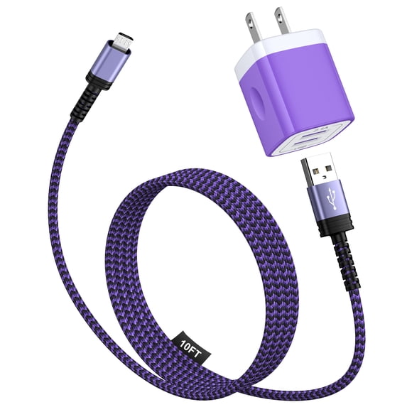 Micro USB Charger, Dual USB Wall Charger with 10FT USB A to Micro Cable, Android Charger Block Fast Charging Cable for Kindle, E-Reader, Samsung J8 J7 Pro S6S7, Droid Cord AC Power Adapter, Purple
