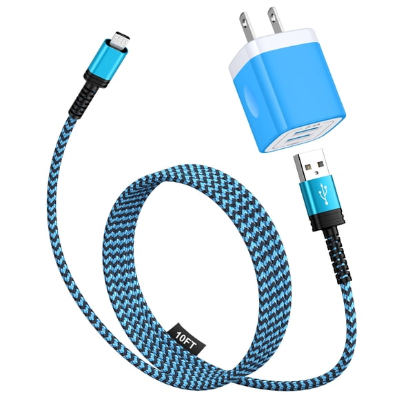 Micro USB Charger, Dual USB Wall Charger with 10FT USB A to Micro Cable, Android Charger Block Fast Charging Cable for Kindle, E-Reader, Samsung J8 J7 Pro S6S7, Droid Cord AC Power Adapter, Blue