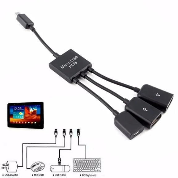 Micro USB OTG Hub Adapter Cable 3 in 1, USB Splitter for Phone Tablet Flash Drive