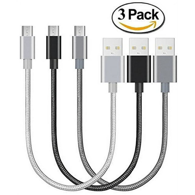 Micro USB Short Cords, 3 Pack 8in / 21cm Nylon Braided Micro USB Fast Charger Cable for Samsung, LG, HTC, Nokia, Android Phone and More (Black/Space Grey/Silver)