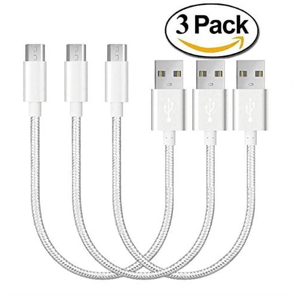 Micro USB Short Cords, 3 Pack 8in / 21cm Nylon Braided Micro USB Fast Charger Cable for Samsung, LG, HTC, Nokia, Android Phone and More (Silver)