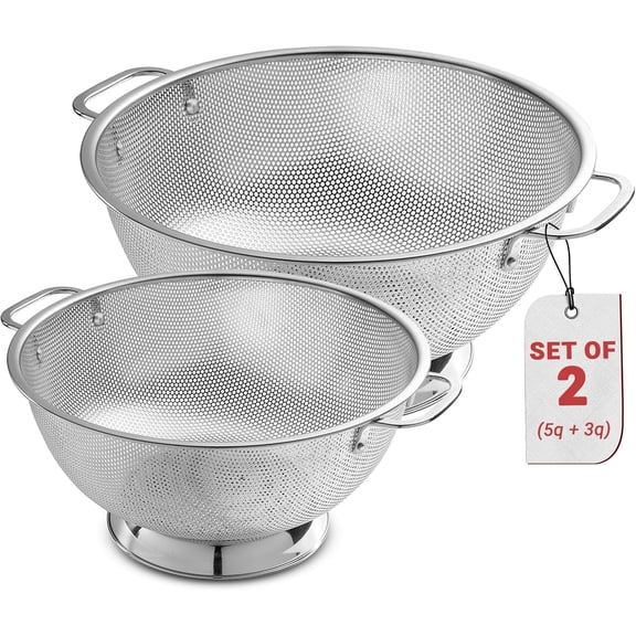 Micro-perforated Stainless Steel Colander, Dishwasher Safe, 3 QT and 5 QT, Kitchen Strainer with Handles, Food Rinse Basket, Durable Cooking Tool