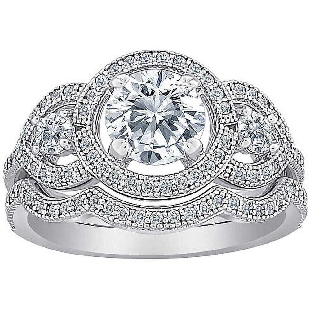 MicroPave CZ Sterling Silver 3-Stone 2-Piece Vintage Bridal Set