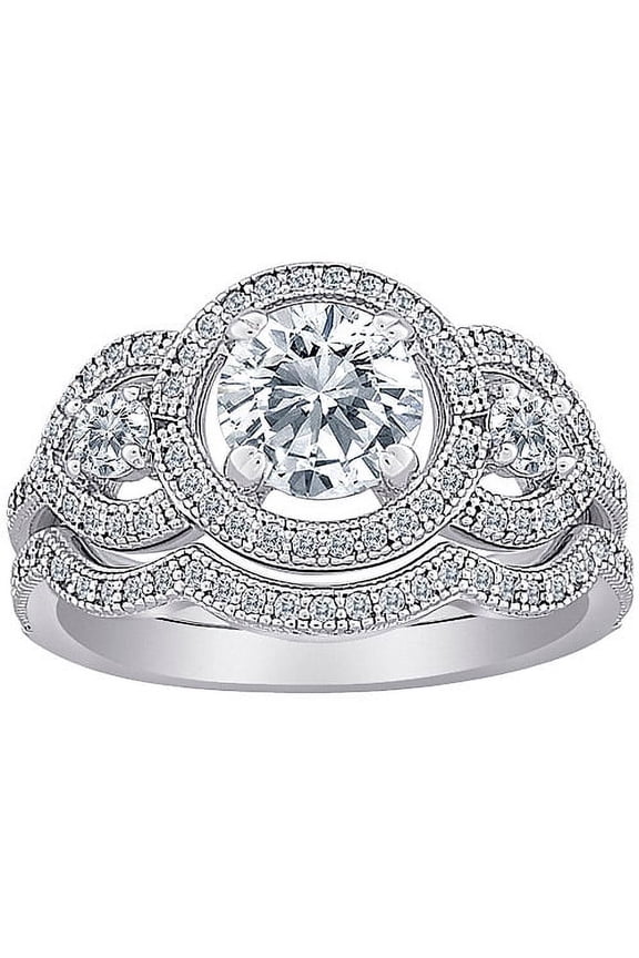 MicroPave CZ Sterling Silver 3-Stone 2-Piece Vintage Bridal Set