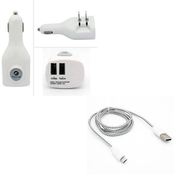 MicroUSB 6ft USB Cable w 2-Port USB Car Home Charger J3A for Alcatel Pop Mega, Jitterbug Smart 2, Icon 2, Avalon V, Idol Mini, Astro, PIXI CHARM, A30 Plus, Go Flip, Cingular Flip 2, REVVL 2, 3