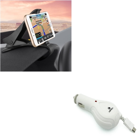 MicroUSB Retractable Charger w Non-Slip Dash Car Mount for Samsung Galaxy J7 V (2017), Grand Prime Express Prime, Perx, S7 Edge S6 Edge+ Edge Active S5 Active, Note 5 4 3 Mega 2, J5 J3 Emerge