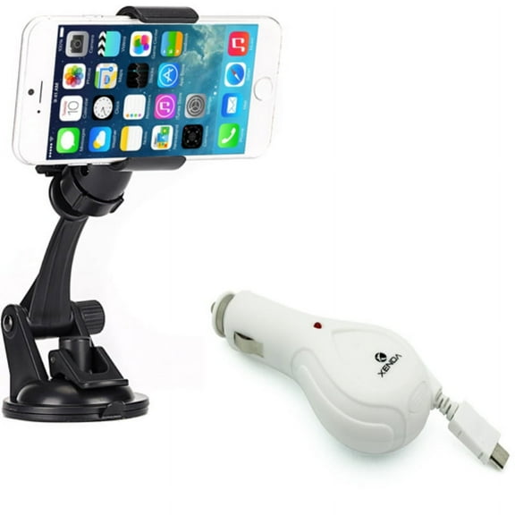 MicroUSB Retractable Charger w Windshield Dash Car Mount for Alcatel REVVL, Dawn, Jitterbug Smart 2, 1x Evolve - ASUS ZenFone Max Plus M1 5Q 3 Max - BLU S1, Vivo XL4 XI, Studio X8 HD