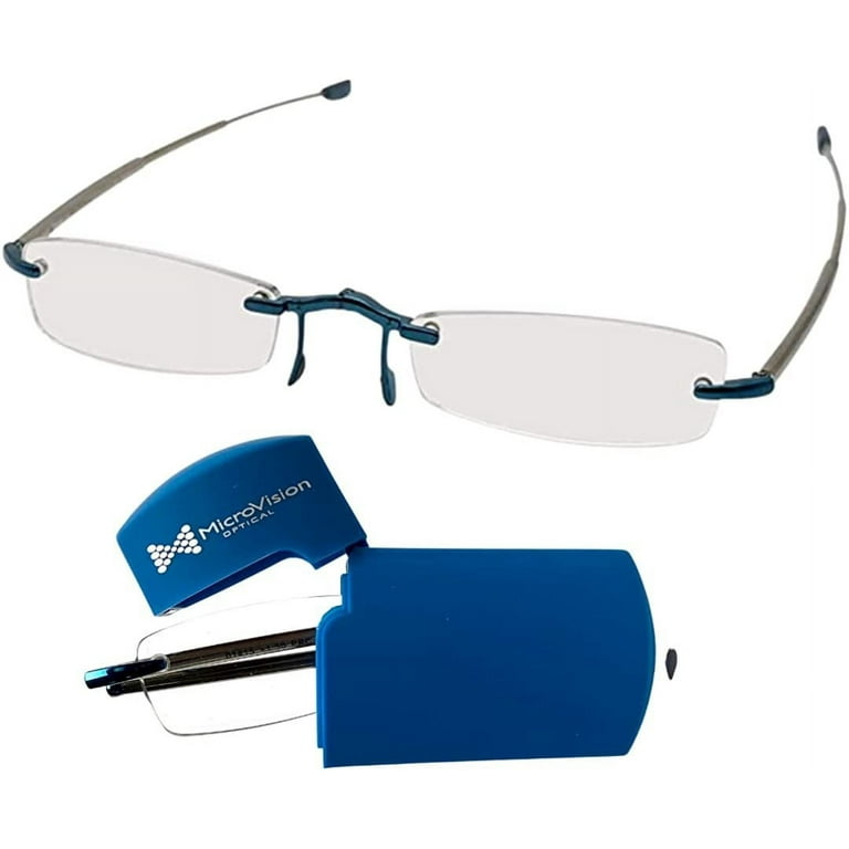 MicroVision Optical Executive Rimless Folding Reading Glasses With Compact Case For Women and Men Slim Lightweight Portable