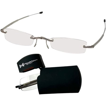 MicroVision Optical Executive Rimless Folding Reading Glasses With Compact Case For Women and Men, Slim, Lightweight Portable
